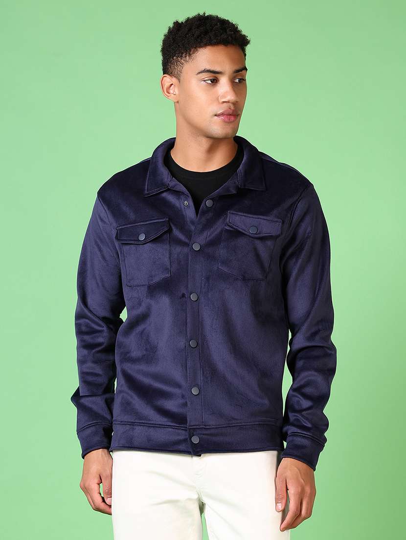men blue solid long sleeve shacket