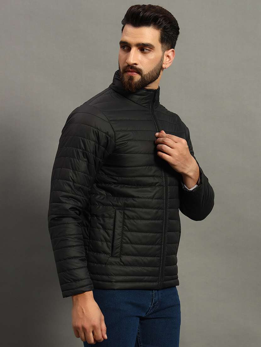men solid stand collar neck quilted jacket