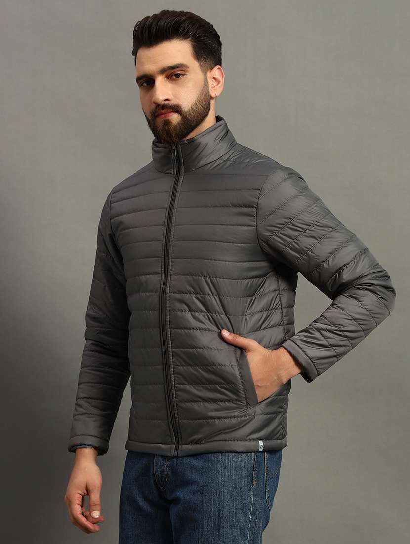 men solid stand collar neck quilted jacket