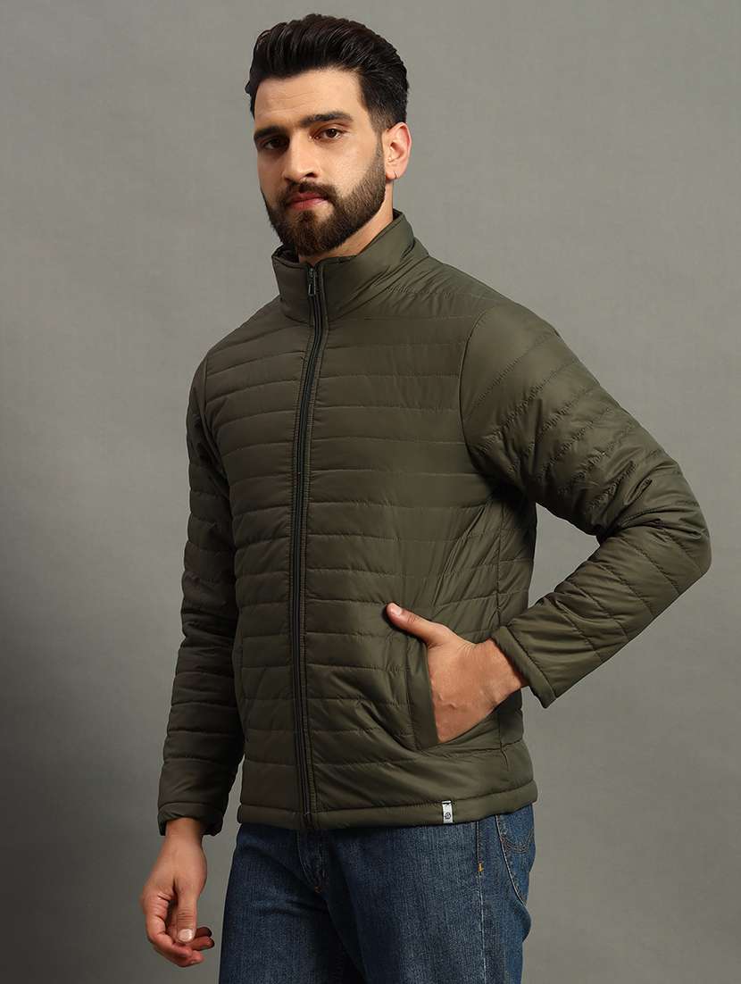 men solid stand collar neck quilted jacket