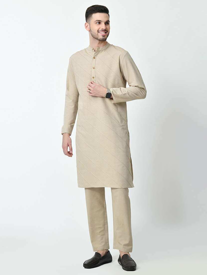 men solid front pleated mandarin neck long kurta