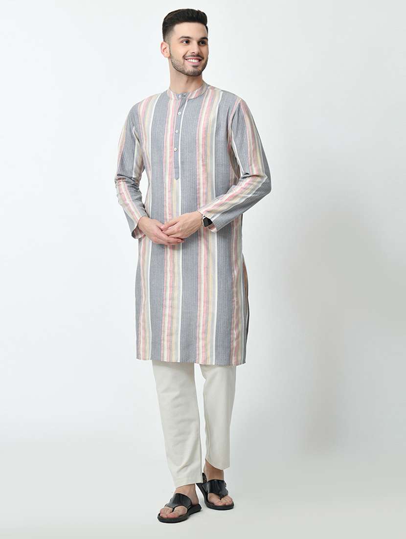 men striped mandarin neck long kurta