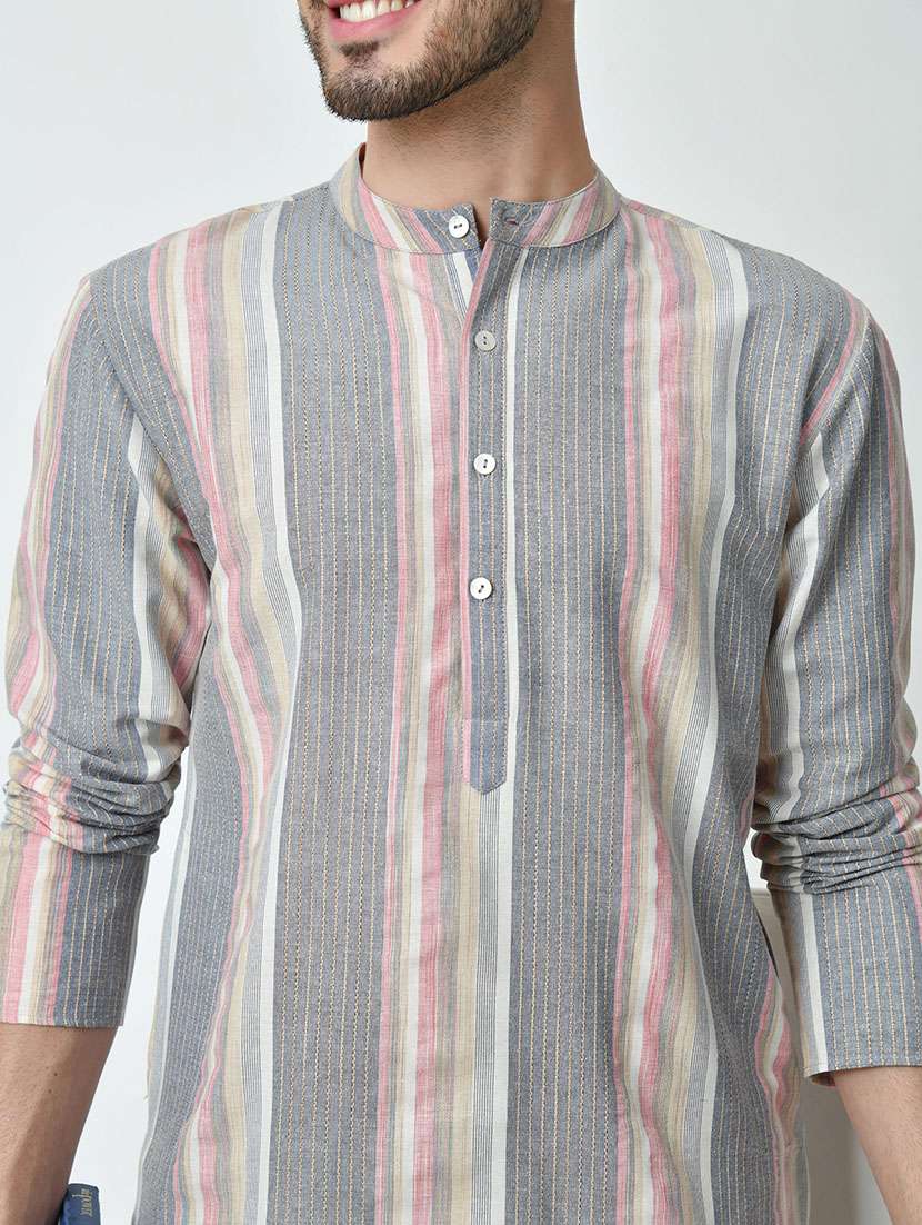 men striped mandarin neck long kurta - 21646606 -  Standard Image - 5