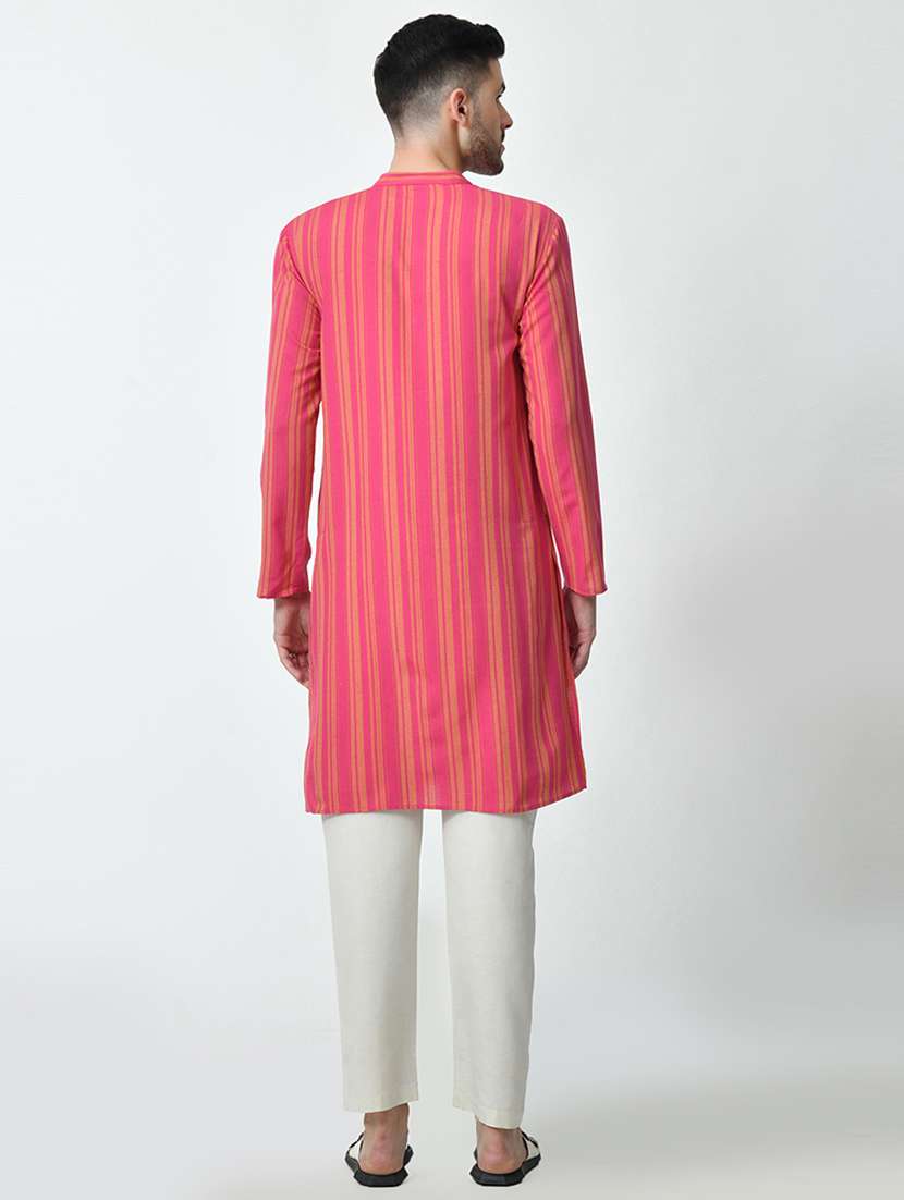 men stripes mandarin neck long kurta - 21646607 - Standard Image - 3