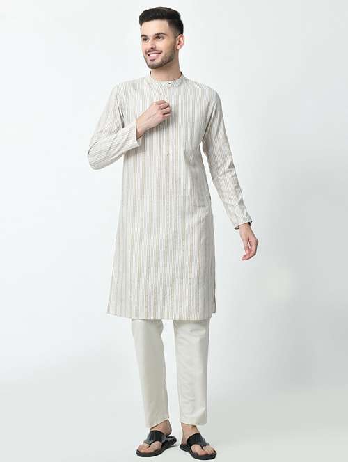 men stripes mandarin neck long kurta - 21646608 -  Standard Image - 0