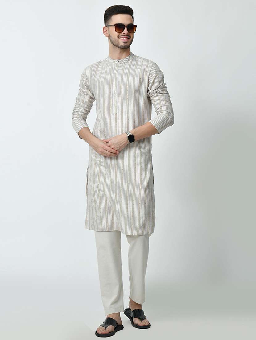 men stripes mandarin neck long kurta - 21646608 - Standard Image - 3