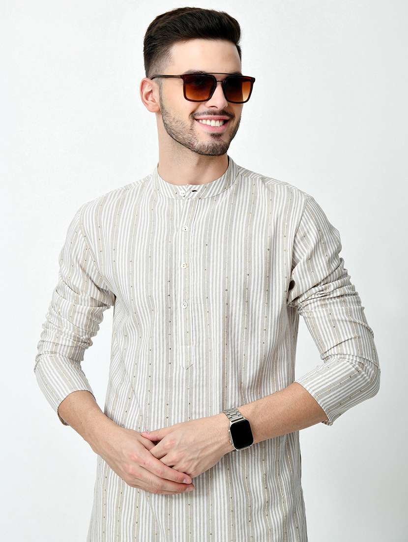 men stripes mandarin neck long kurta - 21646608 - Standard Image - 5