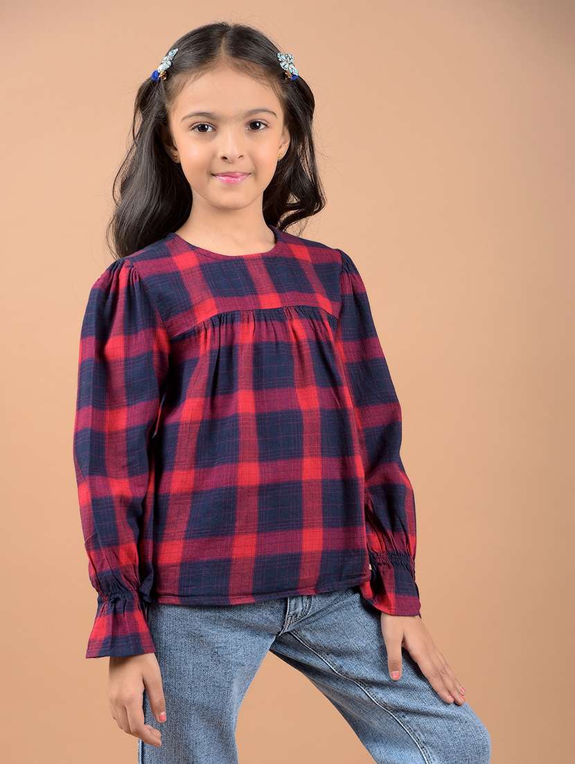 girls red checks long sleeves top