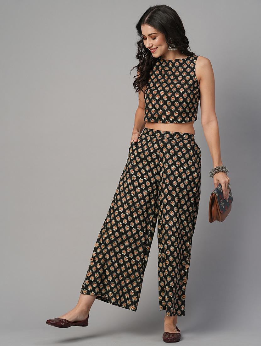globus women black boat neck ethnic print crop top with partially elasticated mid-rise palazzos fusion co-ord set - 21646832 -  Zoom Image - 0