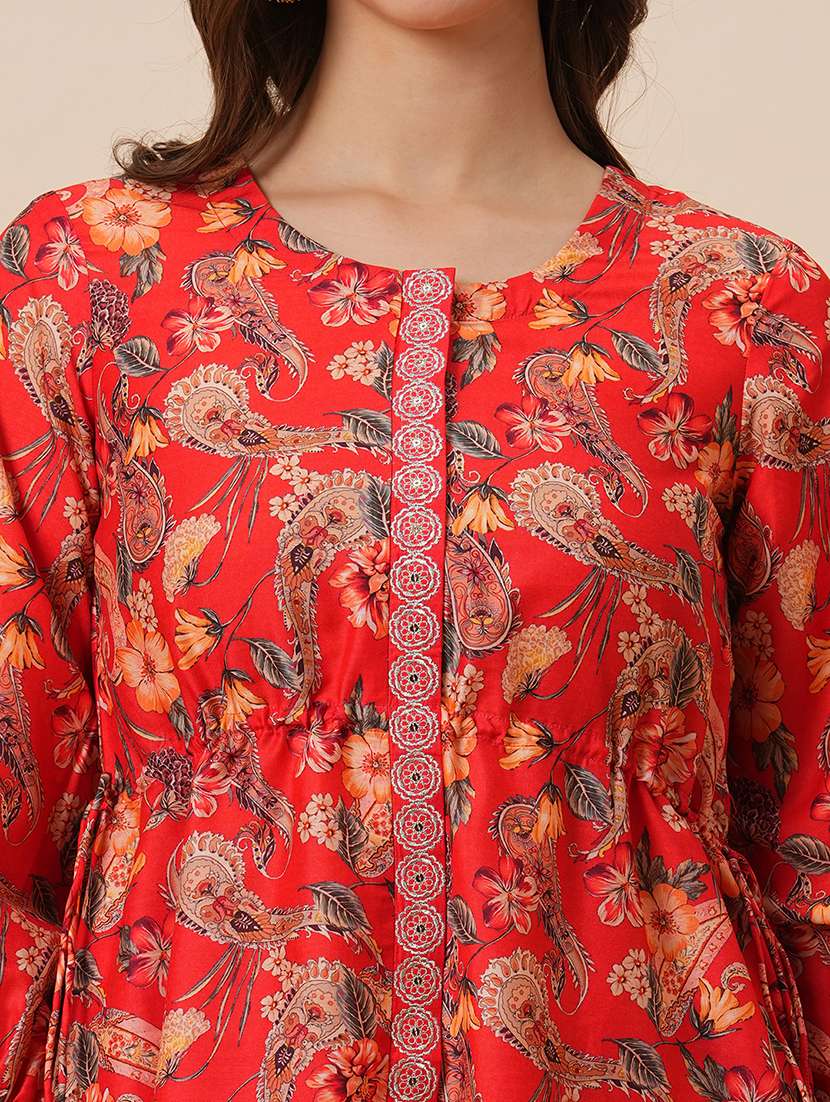 globus women red round neck floral print drawstring detail tunic with fully elasticated mid-rise narrow pants fusion co-ord set - 21646837 -  Zoom Image - 0