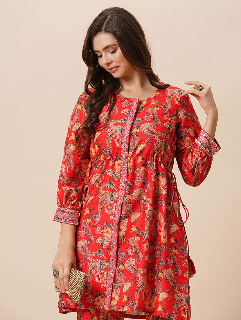 globus women red round neck floral print drawstring detail tunic with fully elasticated mid-rise narrow pants fusion co-ord set - 21646837 - Standard Image - 5