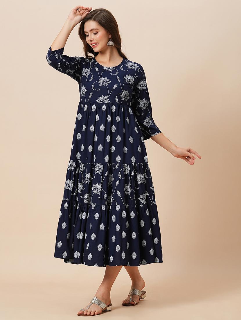 globus women navy blue round neck floral ethnic print gathered tiered a-line midi dress - 21646839 - Zoom Image - 0
