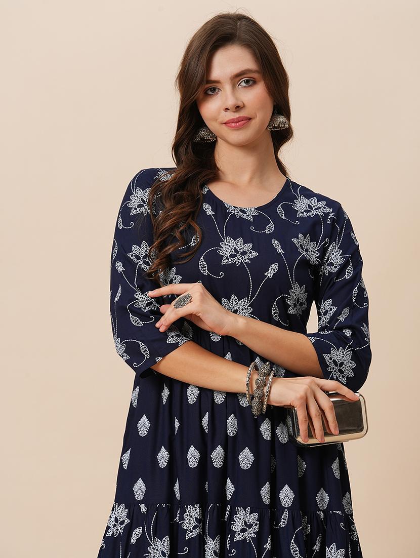 globus women navy blue round neck floral ethnic print gathered tiered a-line midi dress - 21646839 - Standard Image - 3