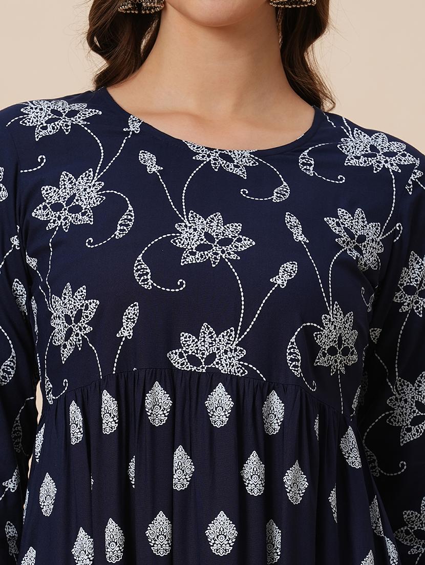 globus women navy blue round neck floral ethnic print gathered tiered a-line midi dress - 21646839 - Standard Image - 5