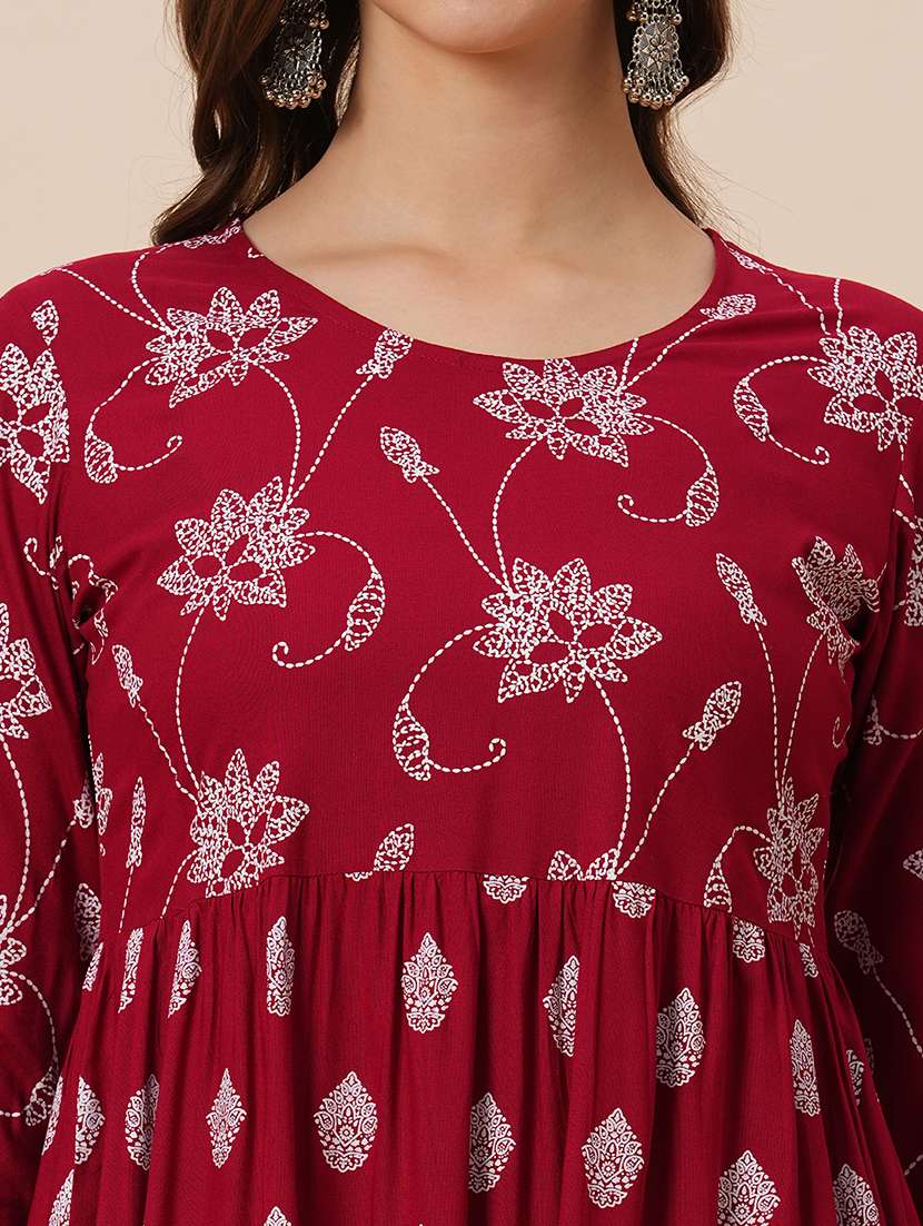 globus women maroon round neck floral ethnic print gathered tiered a-line midi dress - 21646840 -  Standard Image - 5