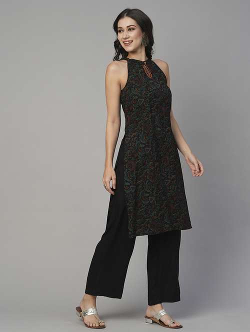 globus women black keyhole halter neck ethnic print straight kurta with partially elasticated mid-rise pants fusion set