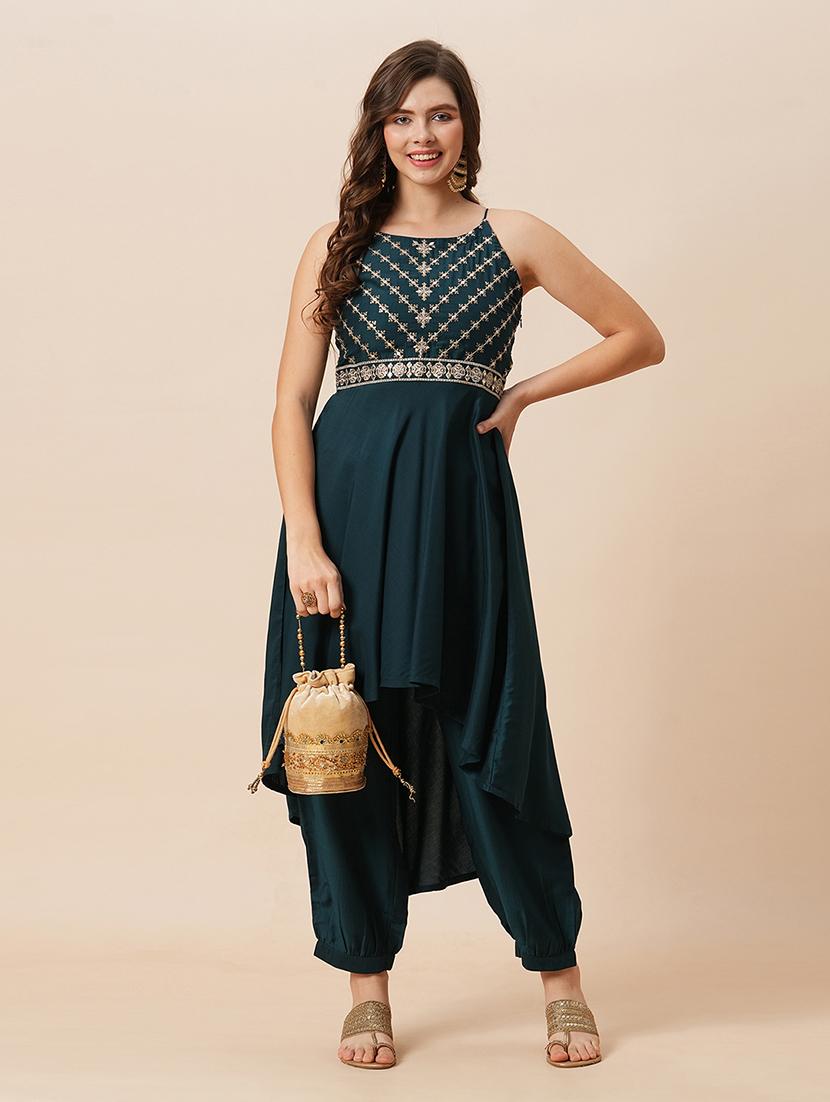 globus women teal embroidered round halter neck high-low hem a-line kurta with fully elasticated afghani pants festive set - 21646843 -  Zoom Image - 0