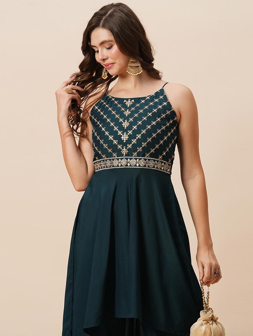 globus women teal embroidered round halter neck high-low hem a-line kurta with fully elasticated afghani pants festive set - 21646843 - Standard Image - 3