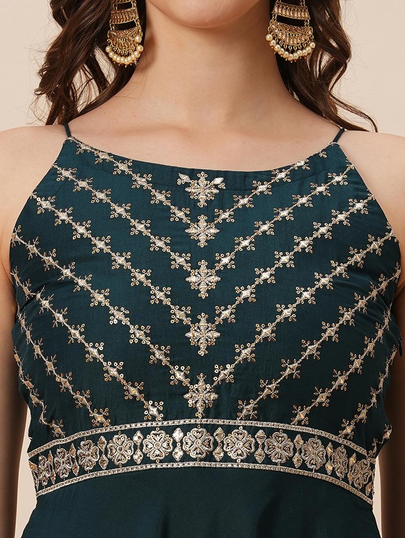 globus women teal embroidered round halter neck high-low hem a-line kurta with fully elasticated afghani pants festive set - 21646843 - Standard Image - 5