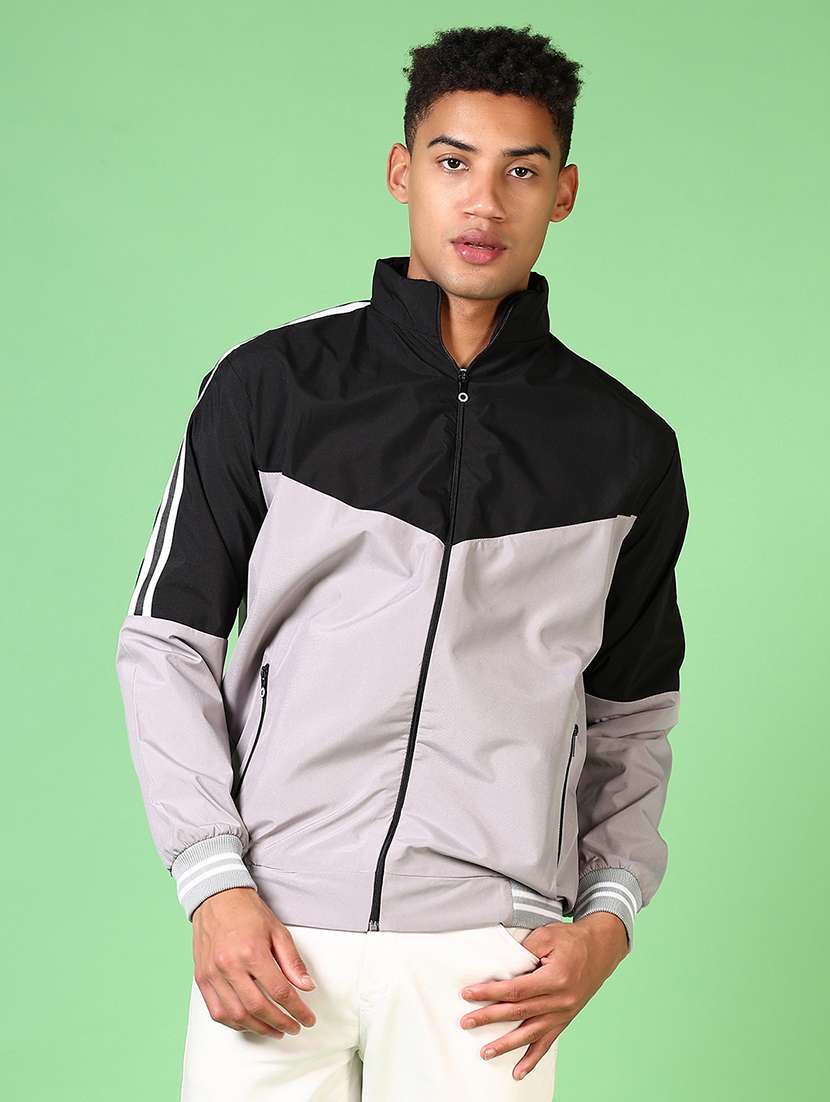men grey color block print bomber jacket - 21647069 -  Zoom Image - 0