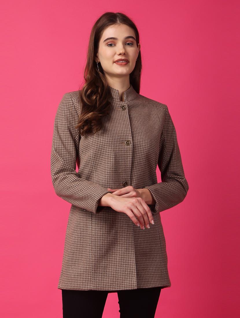 women mandarin neck checkered regular coat - 21647157 - Zoom Image - 0