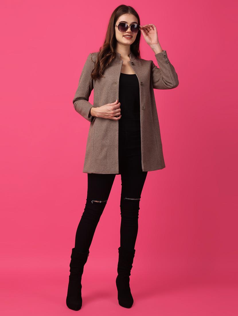 women mandarin neck checkered regular coat - 21647157 - Standard Image - 3