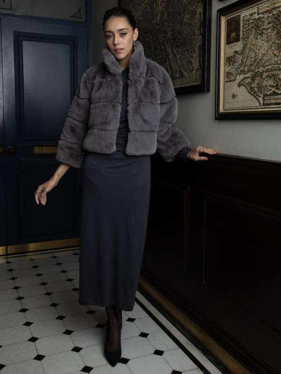women grey solid fur jacket - 21647257 - Standard Image - 3