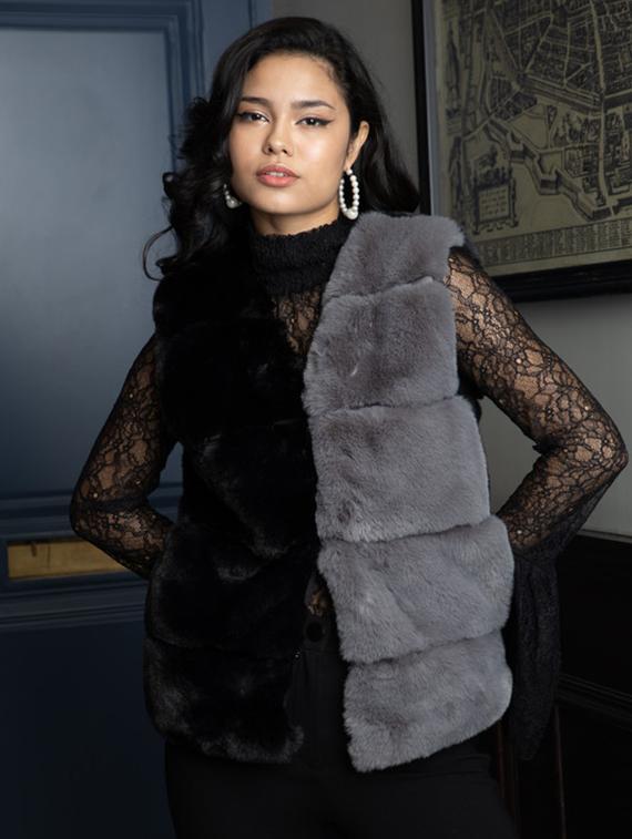 women grey color block fur jacket - 21647259 - Zoom Image - 0