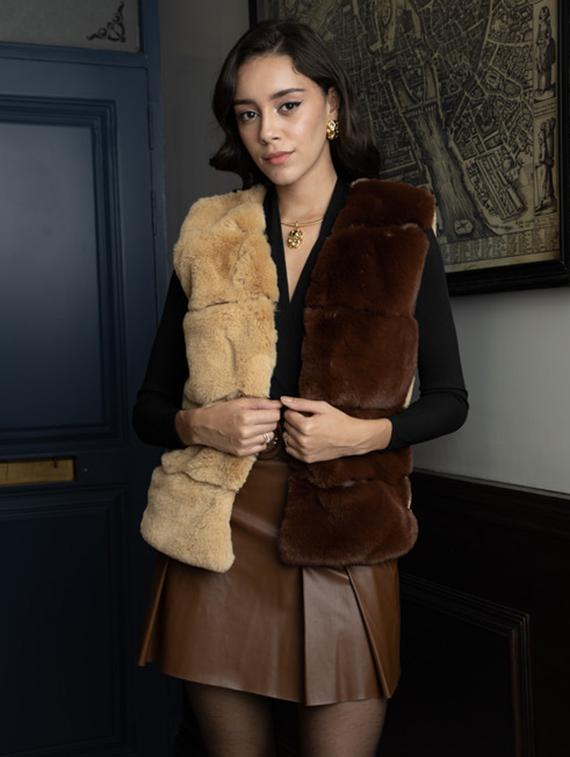 women beige color block fur jacket - 21647261 - Zoom Image - 0