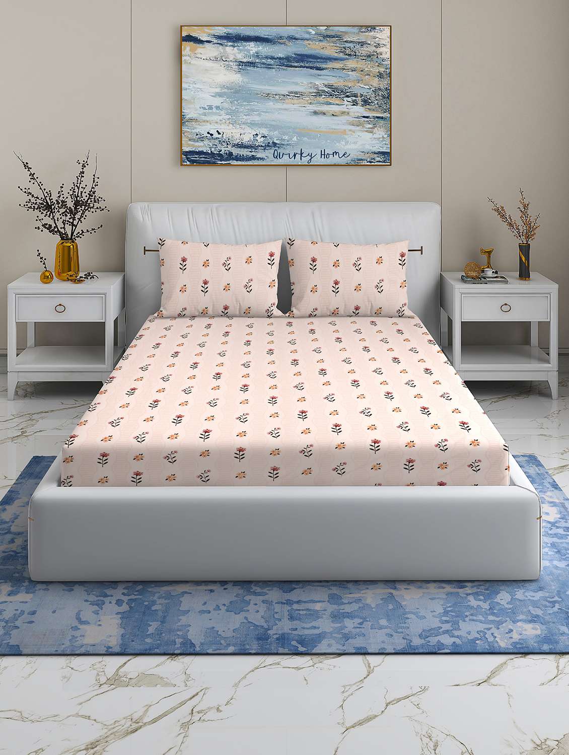 quirky home rome collection premium cotton blend 180 tc flat double wrinklefree bedsheet with 2 pillow covers, beige flower