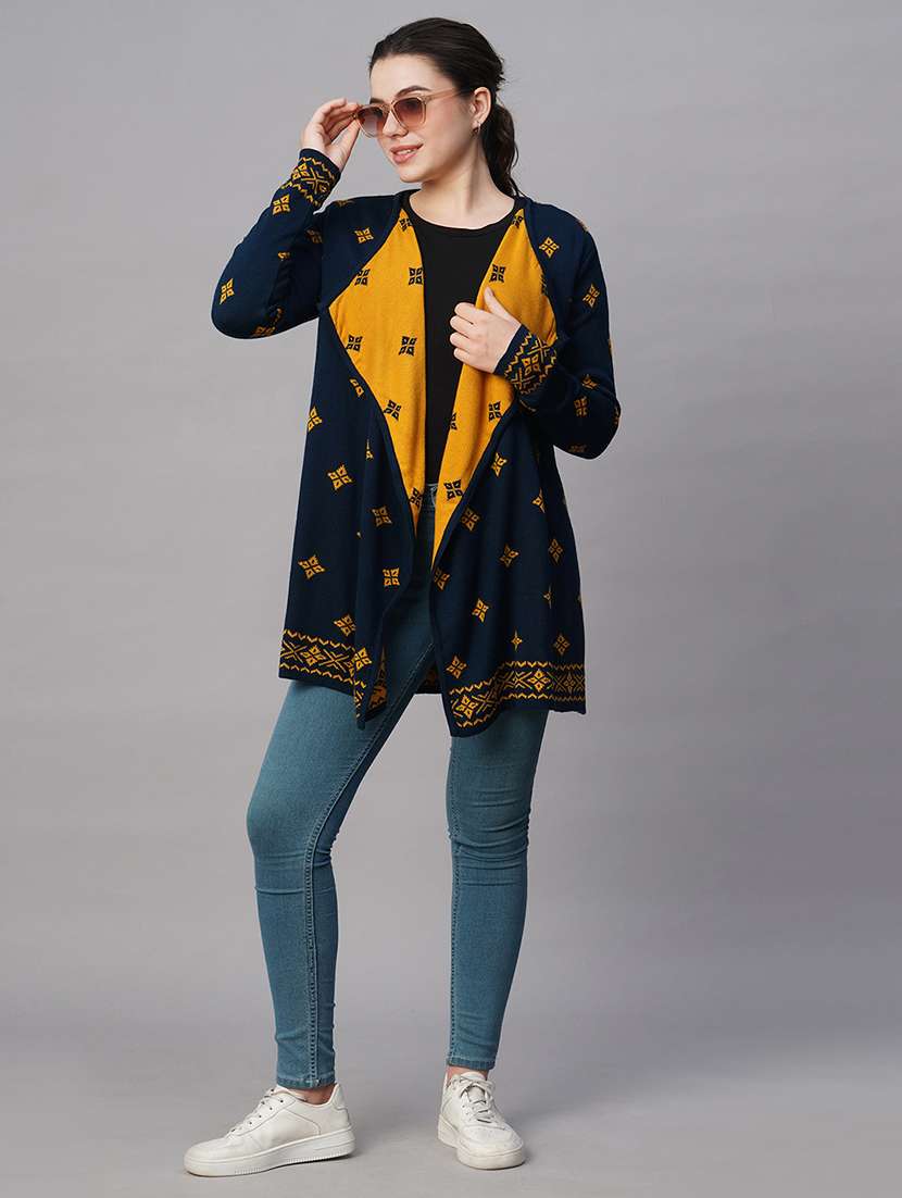 globus women blue lapel collar ethnic motifs self design acrylic hip length winter shrug - 21647404 -  Standard Image - 3