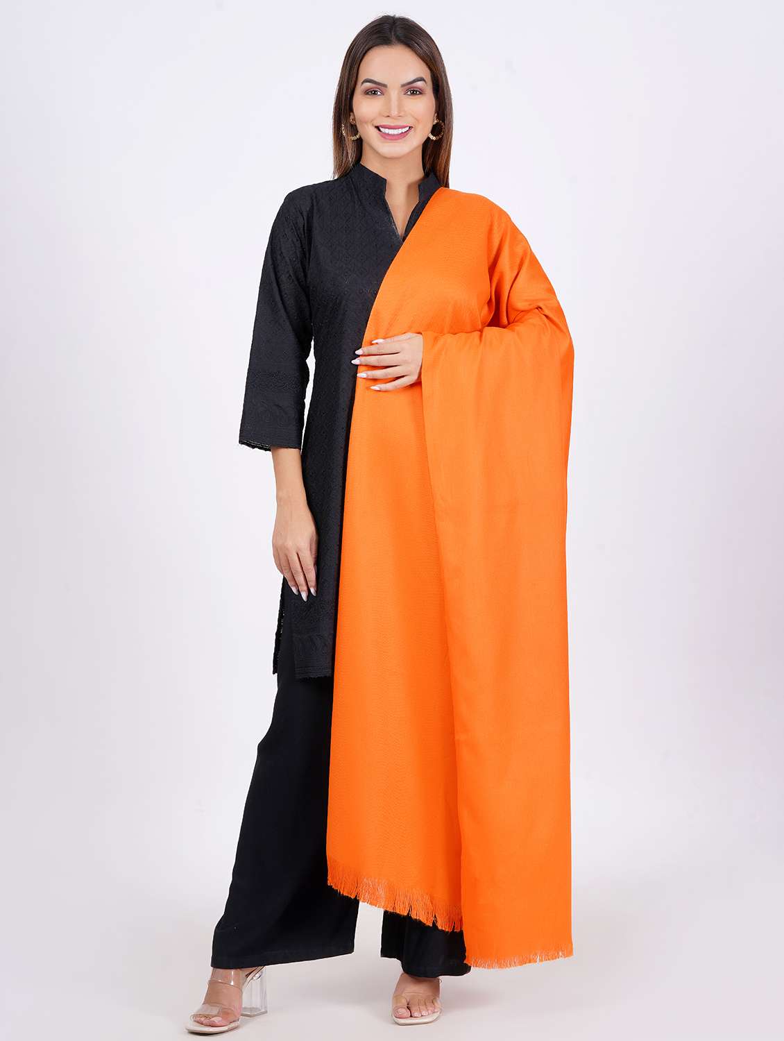 women elegant solid shawls with fringed edges - 21647986 -  Zoom Image - 0