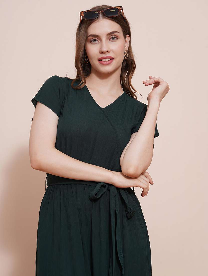 globus women green wrap neck cap sleeves waist tie-up wide-leg jumpsuit - 21648279 -  Standard Image - 3