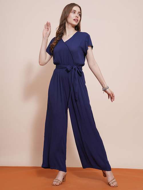 globus women navy blue wrap neck cap sleeves waist tie-up wide-leg jumpsuit - 21648280 -  Standard Image - 0
