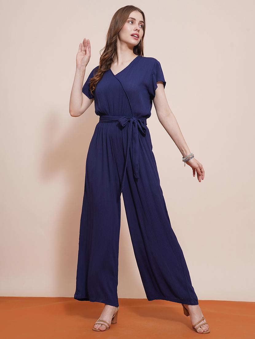 globus women navy blue wrap neck cap sleeves waist tie-up wide-leg jumpsuit - 21648280 -  Zoom Image - 0
