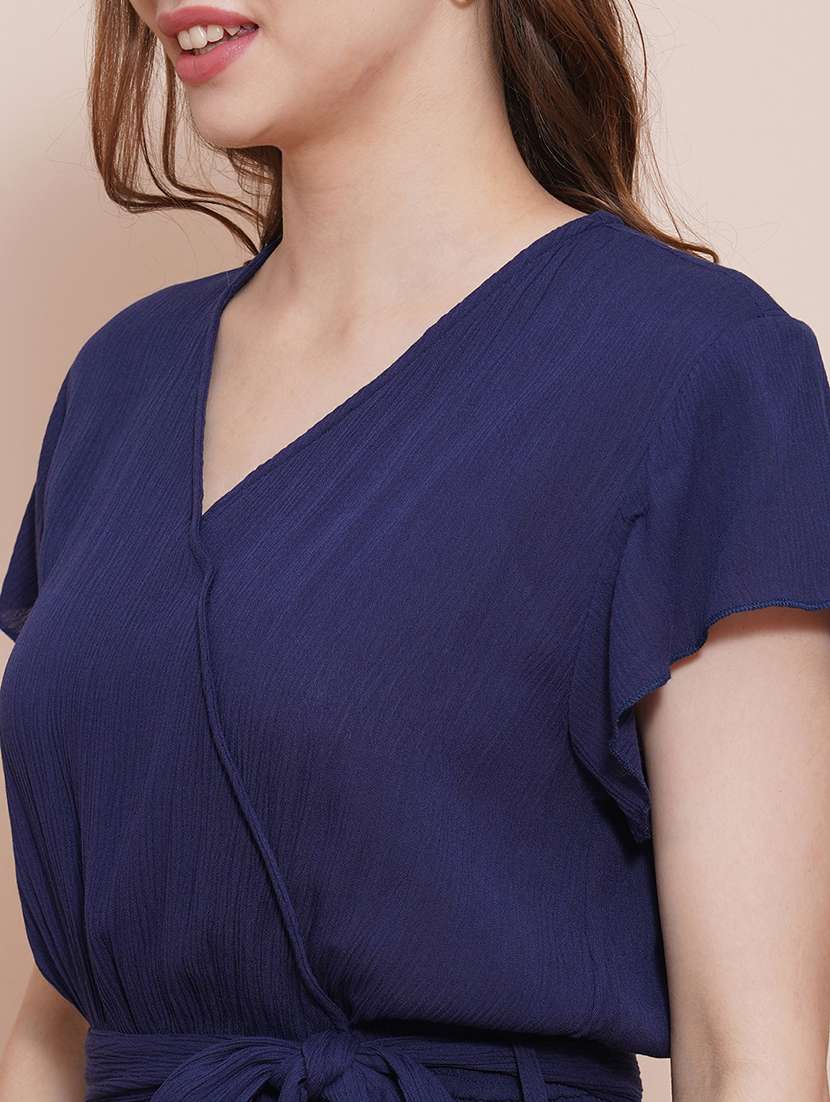 globus women navy blue wrap neck cap sleeves waist tie-up wide-leg jumpsuit - 21648280 - Standard Image - 5