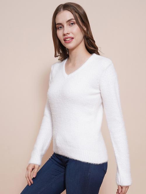globus women white v-neck full sleeves faux fur knitted ribbed hem pullover sweater - 21648282 - Standard Image - 0