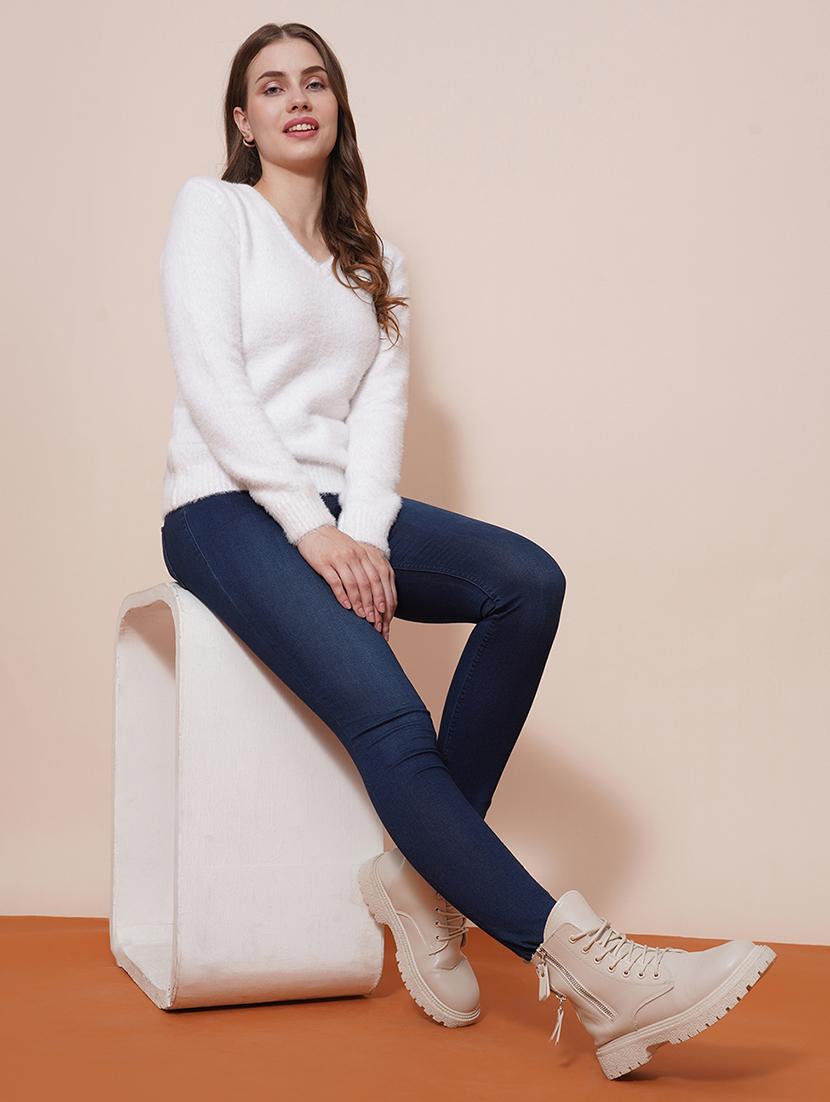 globus women white v-neck full sleeves faux fur knitted ribbed hem pullover sweater - 21648282 - Standard Image - 3