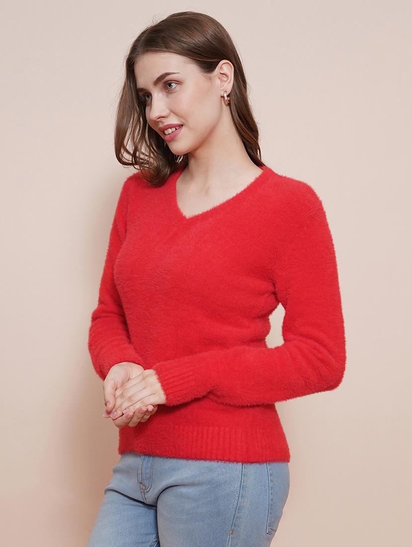 globus women red v-neck full sleeves faux fur knitted ribbed hem pullover sweater