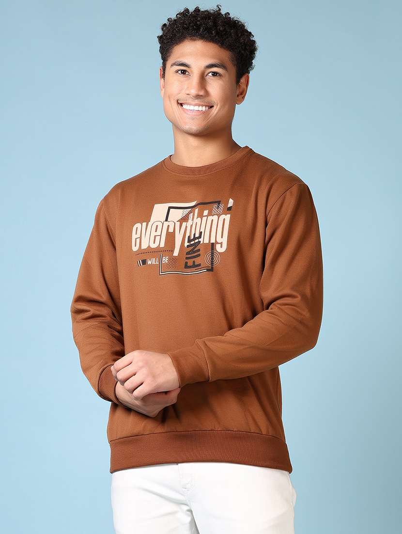 men brown front print long sleeve sweatshirt