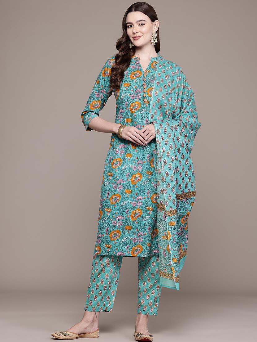 women three quarter sleeve kurta pant with dupatta set