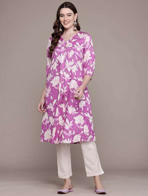 women lavenderf loral printed kurta pant set - 21648652 -  Standard Image - 0