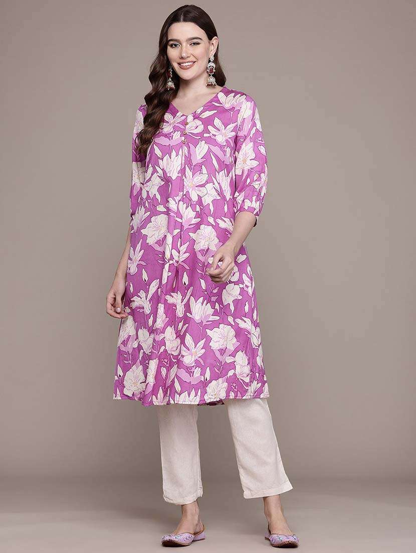 women lavenderf loral printed kurta pant set