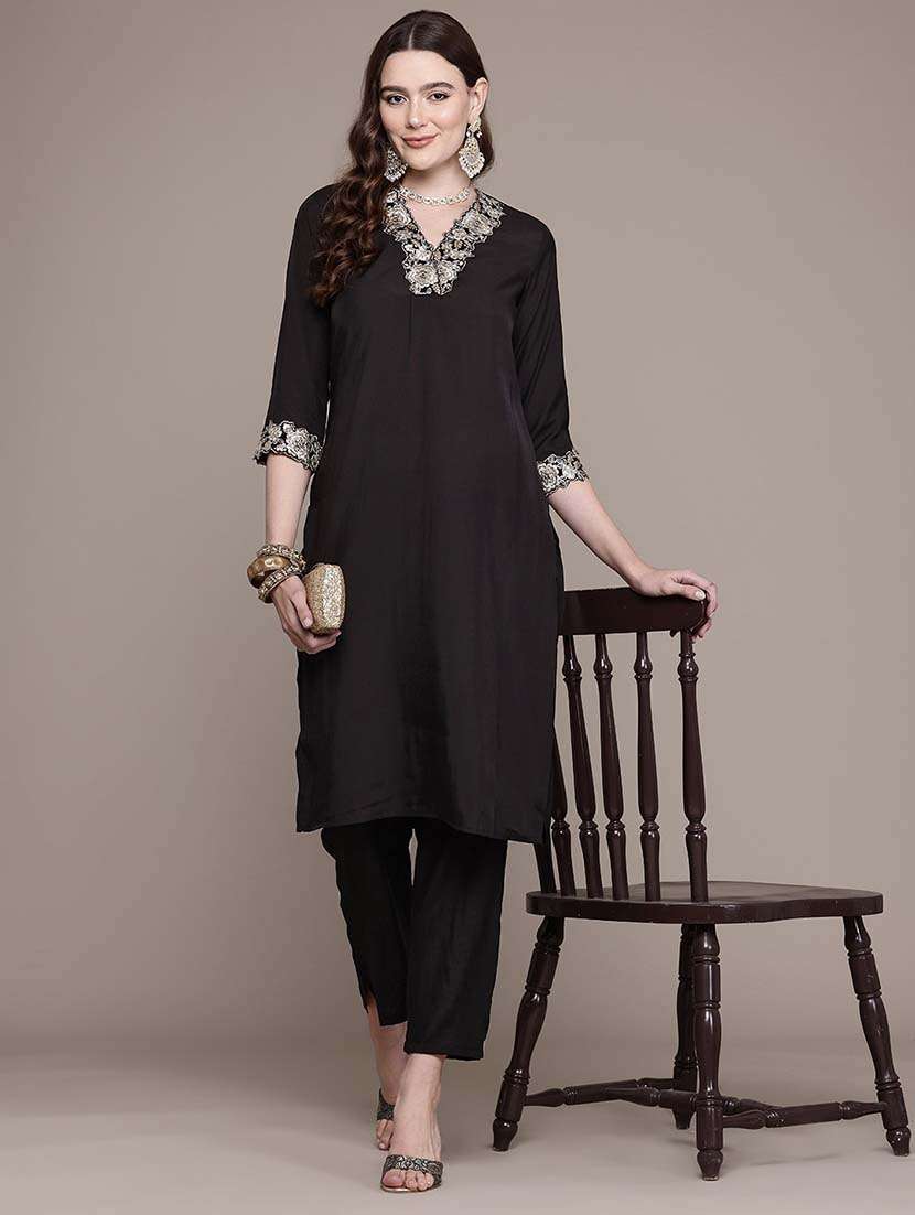 women three quarter sleeve kurta pant set - 21648658 -  Standard Image - 3