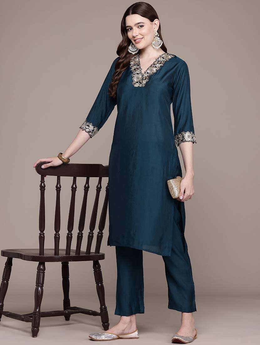 women teal solid v neck kurta pant set - 21648659 -  Standard Image - 3