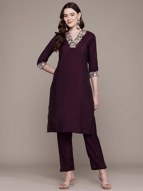 women solid embroidered v neck kurta pant set - 21648660 -  Standard Image - 0