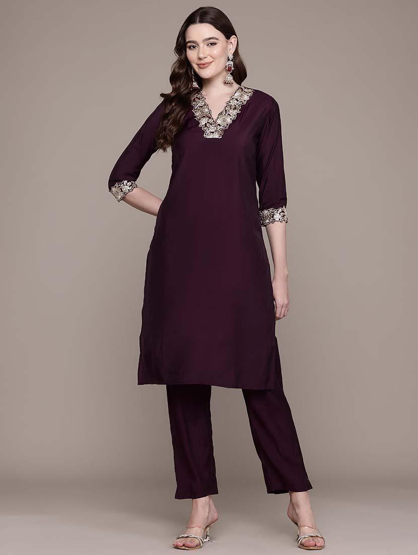 women solid embroidered v neck kurta pant set