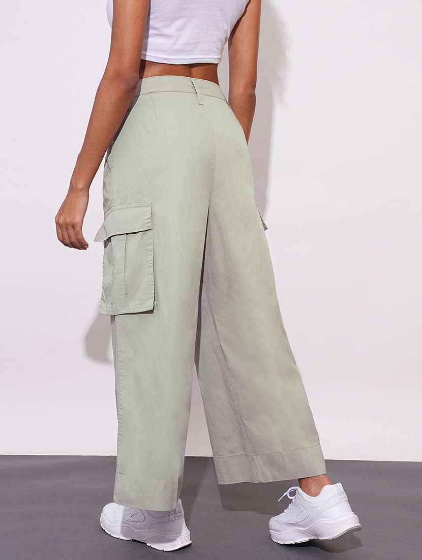 globus women beige cotton mid-rise cargo style wide leg trousers - 21648718 - Standard Image - 3