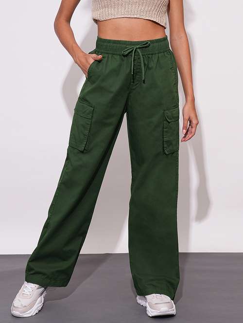 globus women olive cotton high-rise elasticated waist relaxed fit wide leg cargo trousers - 21648719 -  Standard Image - 0