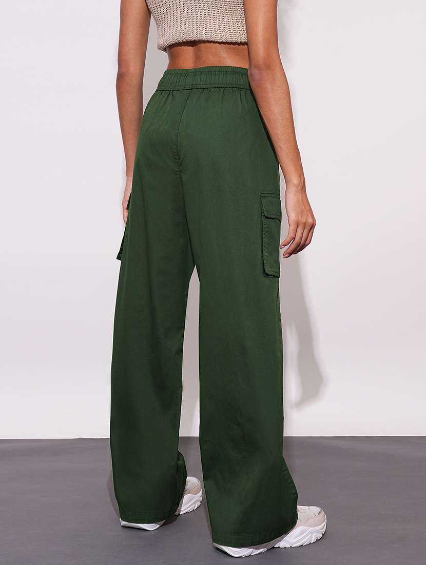 globus women olive cotton high-rise elasticated waist relaxed fit wide leg cargo trousers - 21648719 -  Standard Image - 3